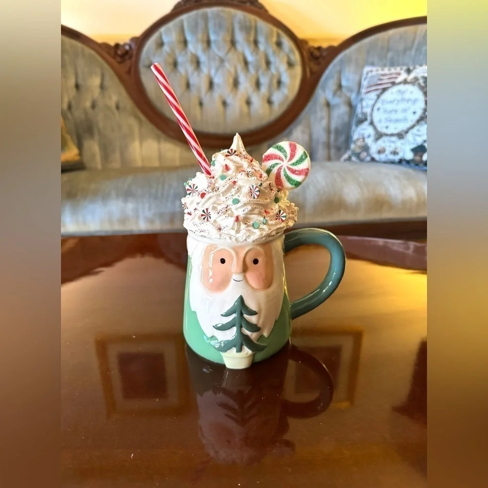 NEW OOAK Christmas Green Santa Faux Whipped Cream Mug Candy Decor